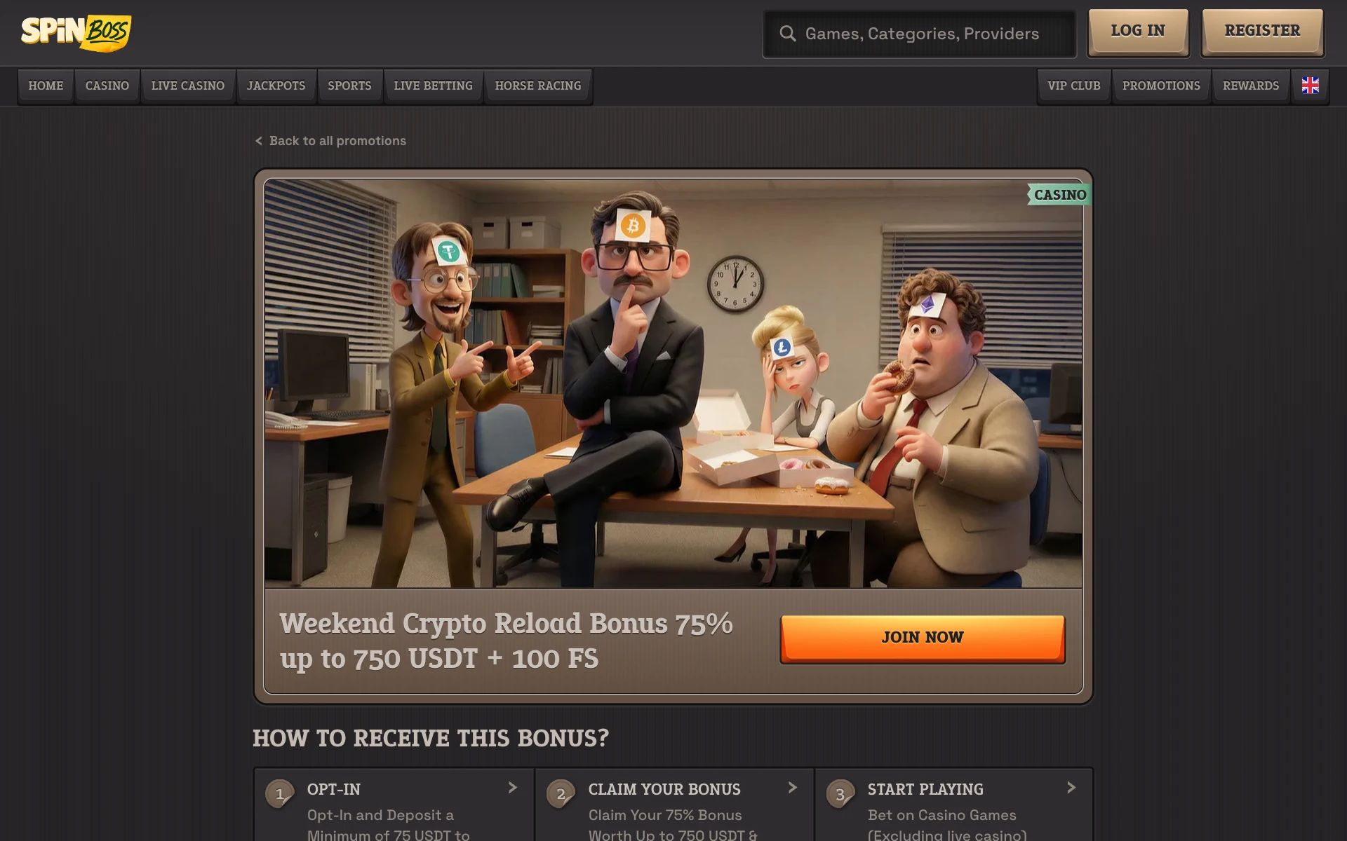 SpinBoss Weekend Crypto Reload 75% promotion page