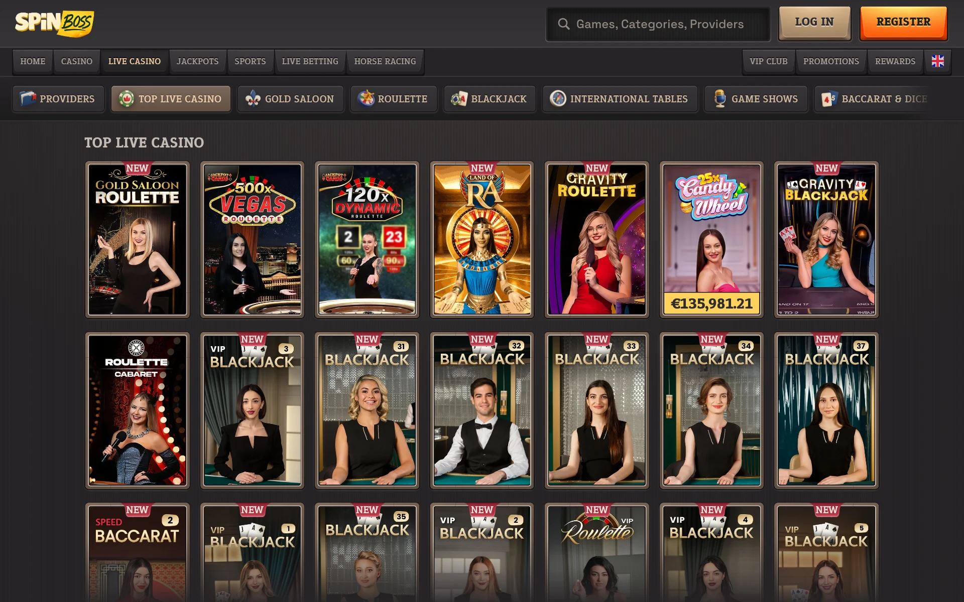 SpinBoss Top Live Casino shelf